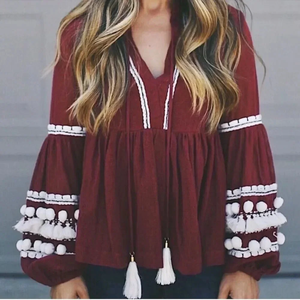 Anthropologie Burgundy Peasant Blouse with White Tassels